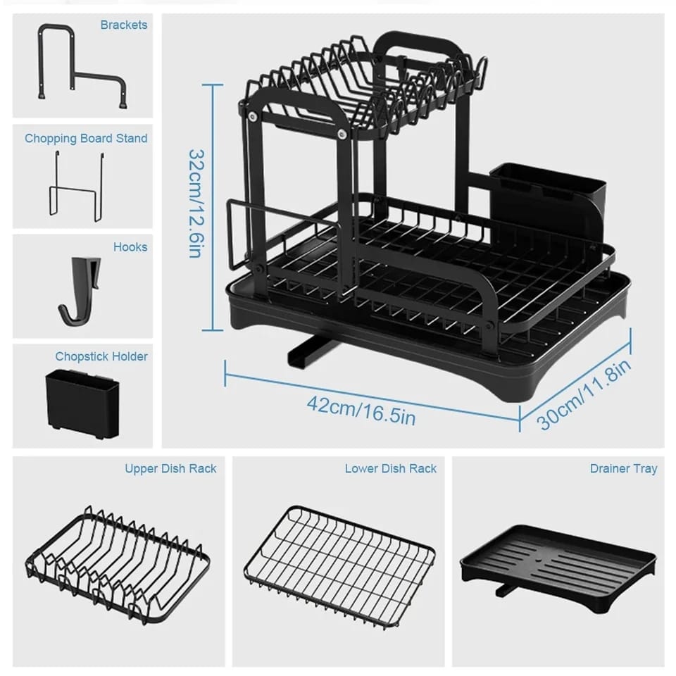 2 Tier Dish Drying Rack with Drip Tray - Image 4