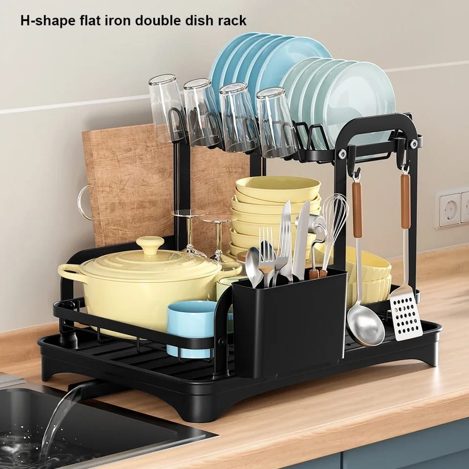 2 Tier Dish Drying Rack with Drip Tray - Image 3