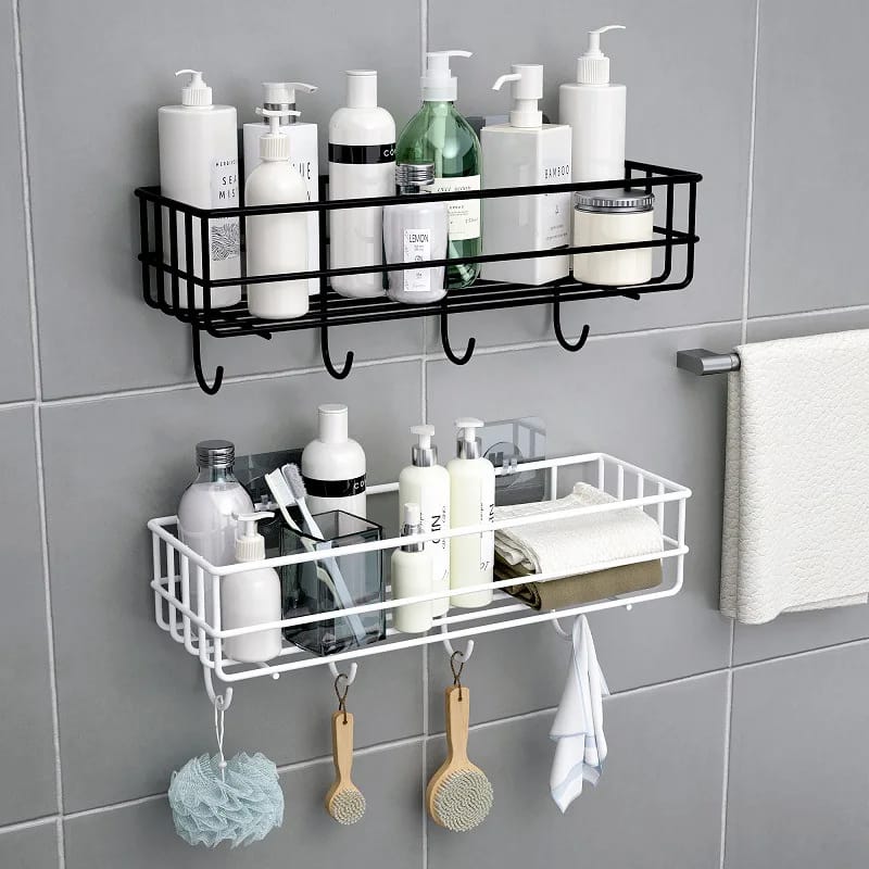 Bathroom shelf with hooks