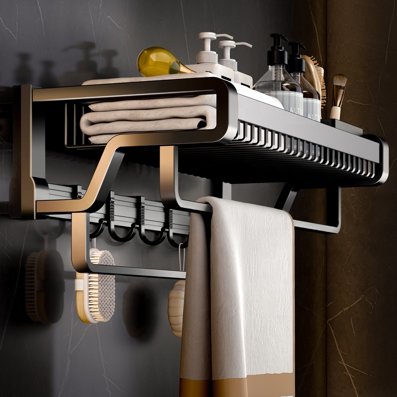Bathroom wall mounted towel rack accessory with hooks